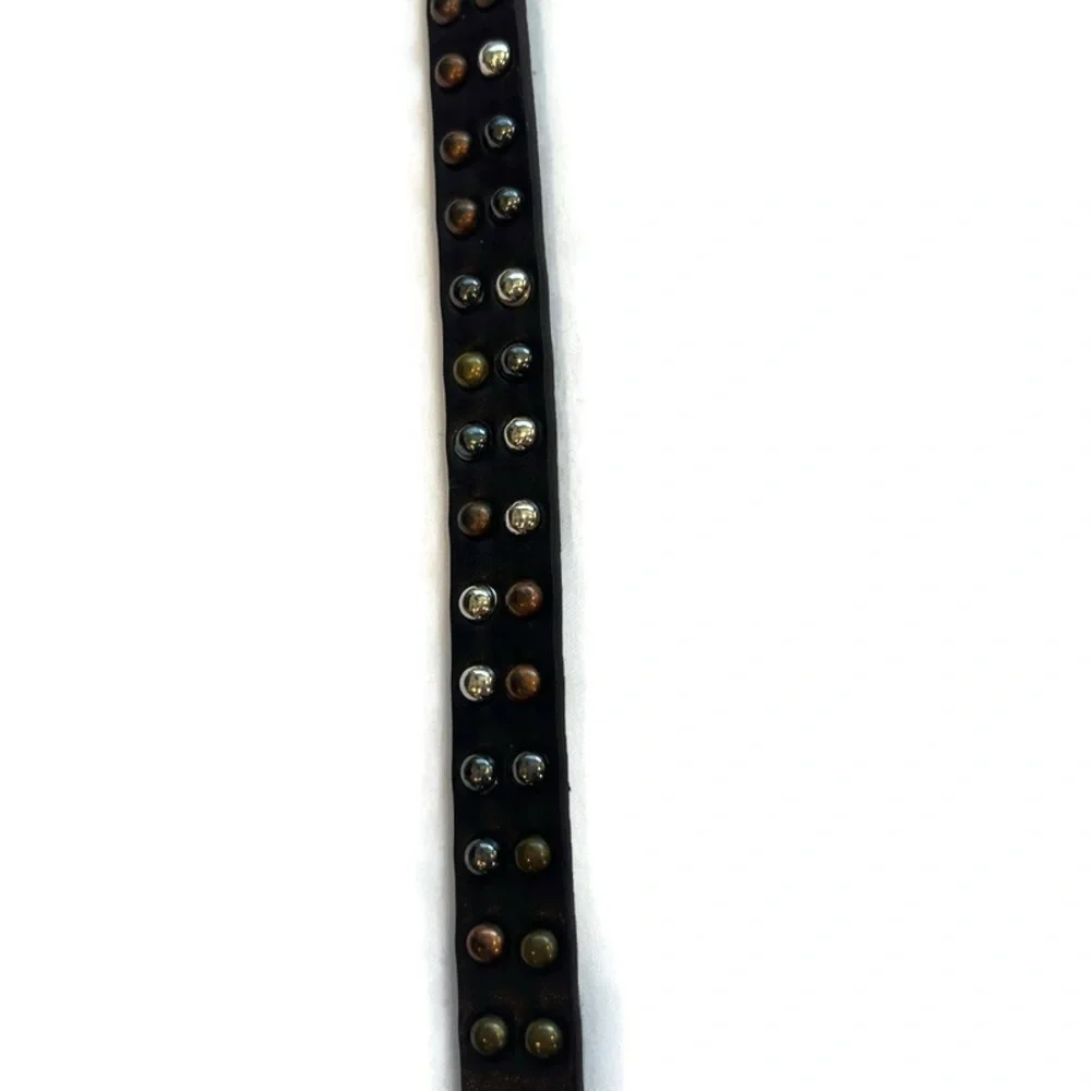 Multi-tone Studded Brown Thin Leather Belt Silvertone Hardwear Size Small Indie